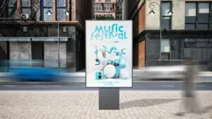DOOH advertising display featuring a dynamic music festival promotion in a high-traffic urban area, designed for real-time audience engagement.