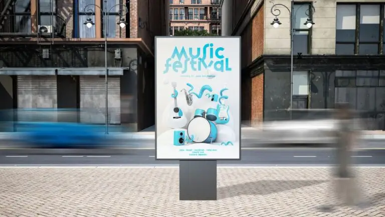 DOOH advertising display featuring a dynamic music festival promotion in a high-traffic urban area, designed for real-time audience engagement.