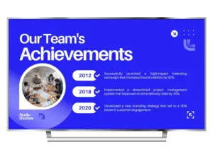 Digital signage display showcasing a corporate achievements board with key milestones, enhancing internal communications and workplace engagement.