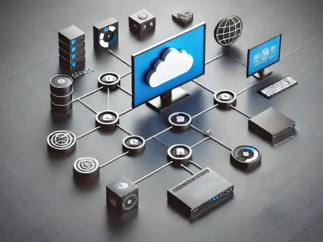 Diagram of a digital signage system showing components like media players, screens, content management, and network connections.