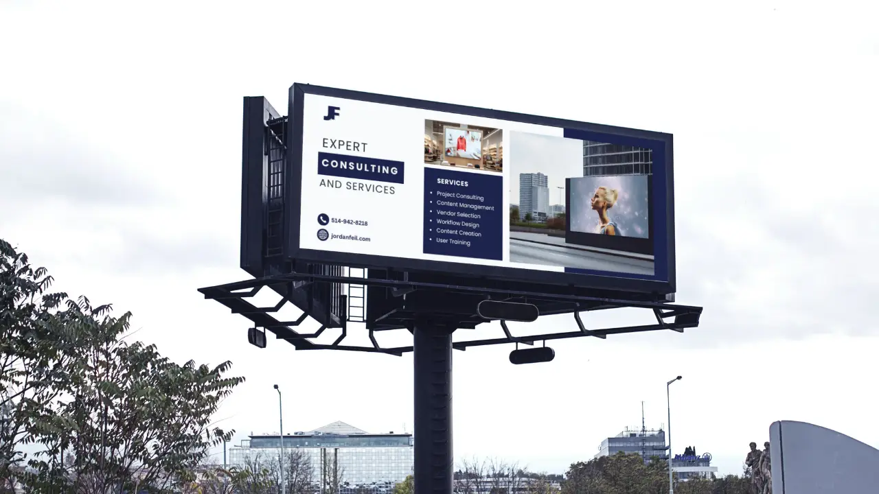 Digital out-of-home advertising screen in a busy urban environment displaying dynamic content