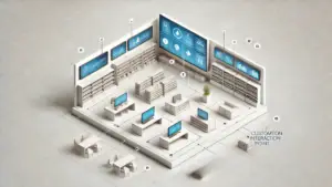 A 3D-rendered visualization of a retail media network (RMN) layout, featuring digital signage screens for promotional displays, customer interaction points, and in-store analytics.