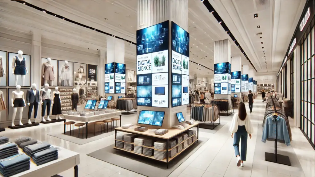 Retail media networks (RMNs) in futuristic store environments, featuring dynamic digital displays and personalized advertising.