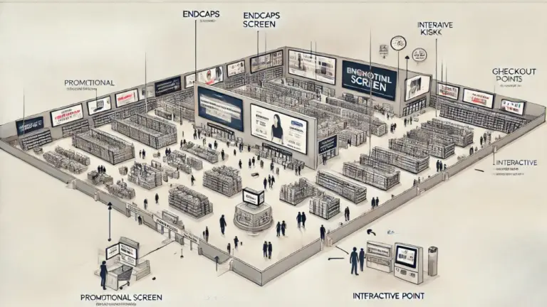 Diagram illustrating a retail media network in a big-box store, highlighting digital signage placements and targeted ad workflows.