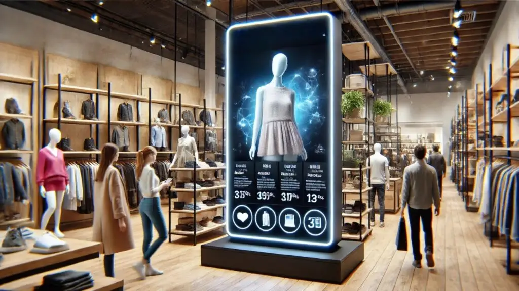 AI-powered digital signage in a retail store, showcasing interactive product recommendations and real-time insights for enhanced customer engagement.