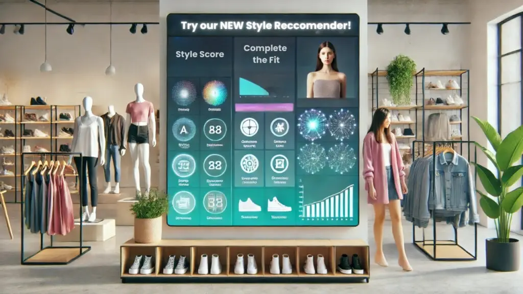 AI-powered digital signage in a retail store analyzing customer preferences and enhancing engagement with personalized recommendations.