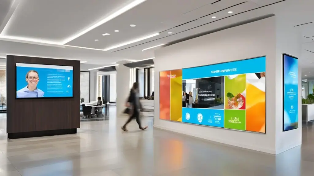 Corporate digital signage in a sleek office environment, featuring vibrant informational displays for employee engagement and visitor communication.