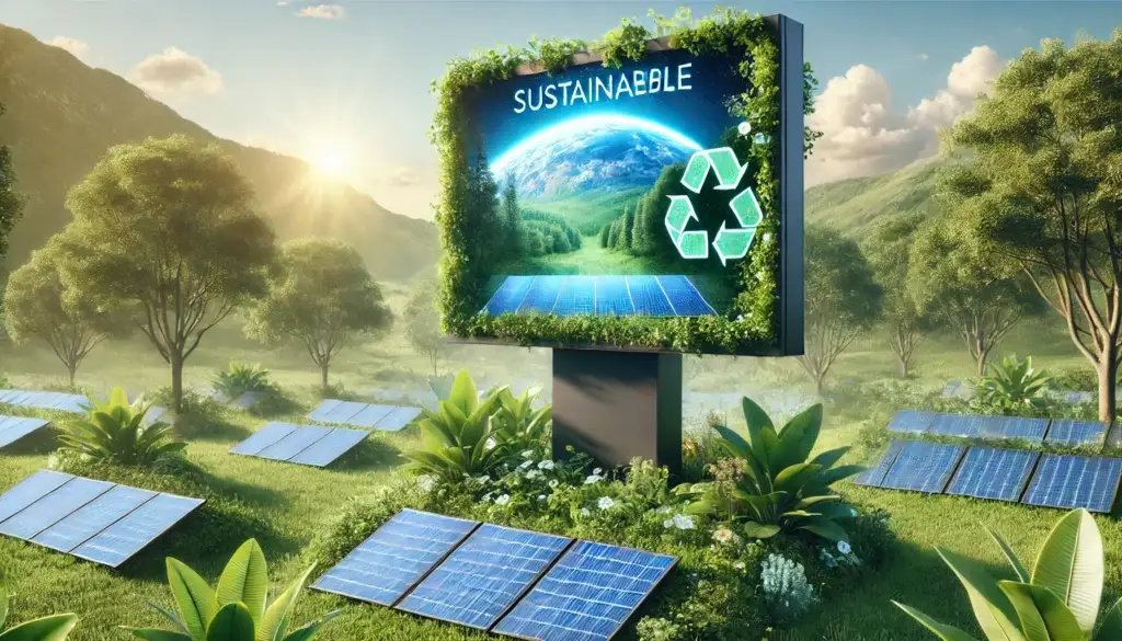 signage display set in a lush green environment, symbolizing sustainability and eco-friendly technology, with vibrant visuals and no solar panels visible.