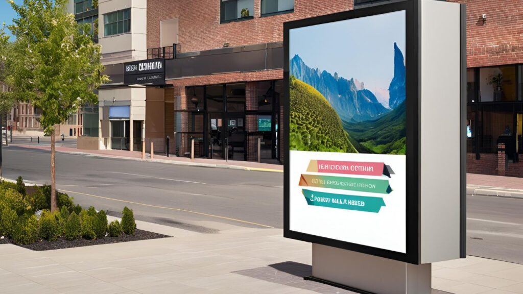 Freestanding outdoor digital signage near a retail storefront, showcasing vivid programmatic dooh advertising graphics and durable design for weather resistance.