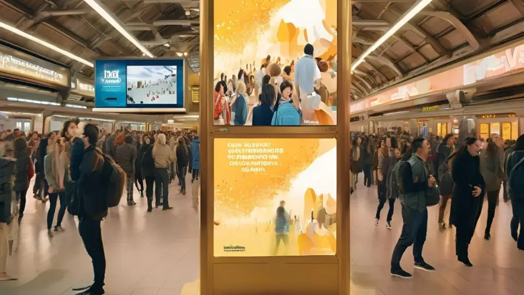 DOOH digital signage in a busy public transportation venue displaying advertisements and real-time updates using programmatic dooh advertising to engage commuters effectively.