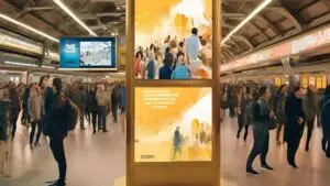 DOOH digital signage in a busy public transportation venue displaying advertisements and real-time updates for commuters.