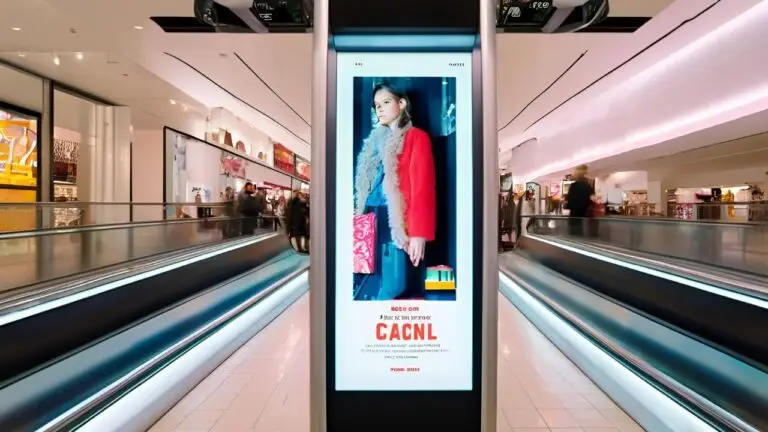 Digital signage in a retail walkway featuring promotional content to capture shoppers' attention and drive engagement.