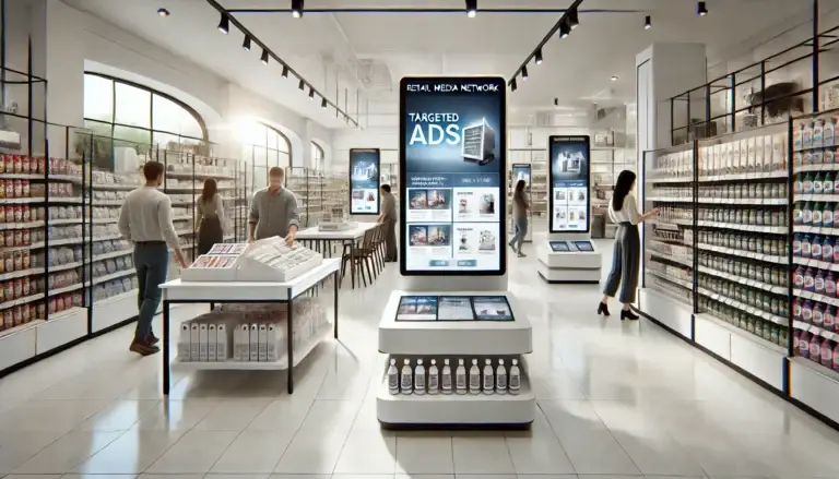 A modern retail store environment showcasing a retail media network with digital signage. Digital displays strategically placed near shelves and checkout counters feature advertisements and promotions for products visible in the store, such as groceries and clothing.