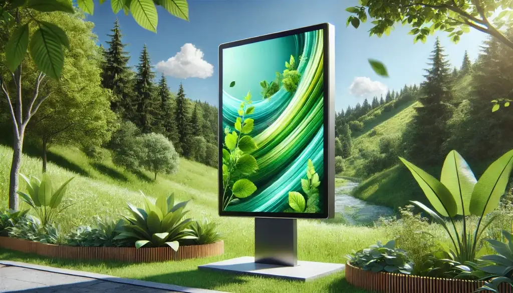 Outdoor digital signage display set in a lush green environment, symbolizing sustainability and eco-friendly technology, with vibrant visuals and no solar panels visible.