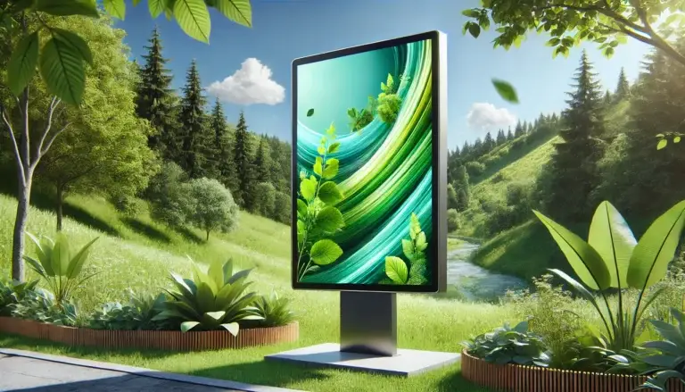 Outdoor digital signage display set in a lush green environment, symbolizing sustainability and eco-friendly technology, with vibrant visuals and no solar panels visible.