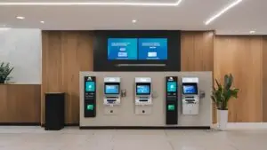ATM lobby with digital signage screens displaying branded messages and customer security reminders.