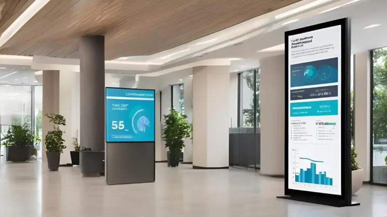 Freestanding digital signage displays in a corporate lobby showing internal news, analytics, and key performance data.