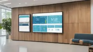 Corporate office lobby with digital signage displays showing performance dashboards and business data.