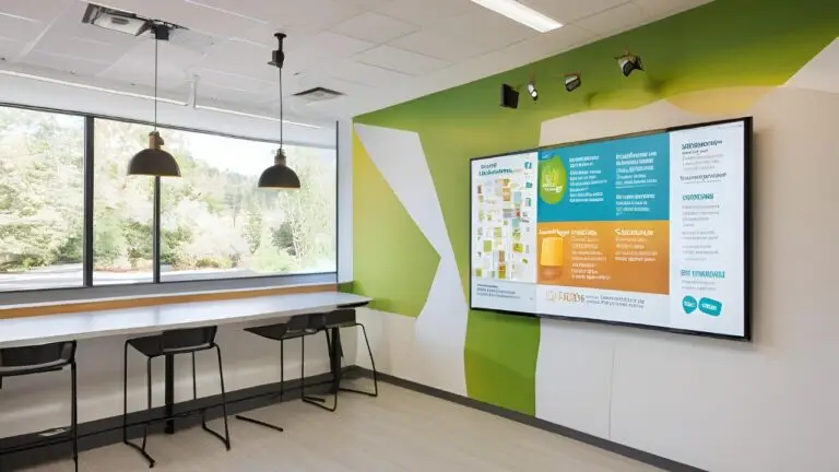 Employee breakroom with wall-mounted digital signage displaying internal updates, announcements, and workplace news.