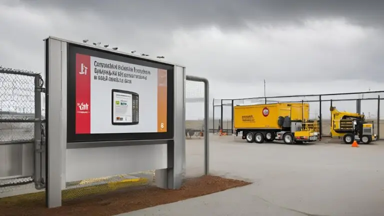 Outdoor digital signage at industrial site entrance displaying safety compliance and entry instructions.