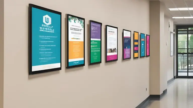 University hallway with multiple digital bulletin boards displaying campus news, event flyers, and academic announcements.