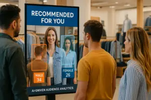 AI-powered digital signage displaying audience demographics and personalized recommendations in retail store
