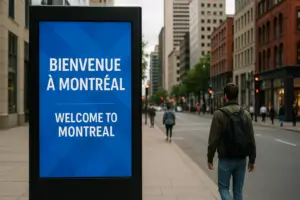 Bilingual digital signage screen on a Montréal street displaying a welcome message in French and English