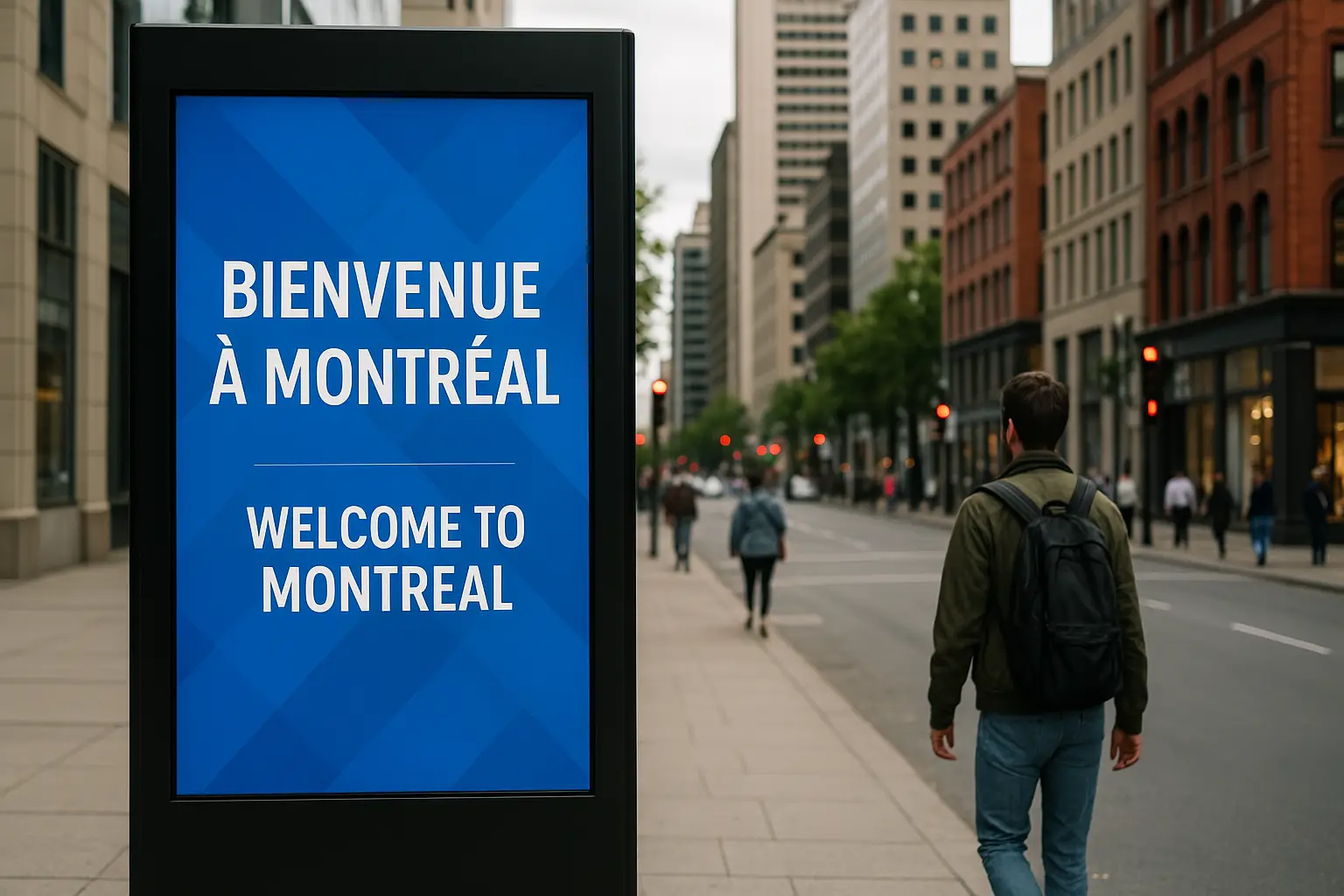 Bilingual digital signage display in Montreal showing French-first content layout