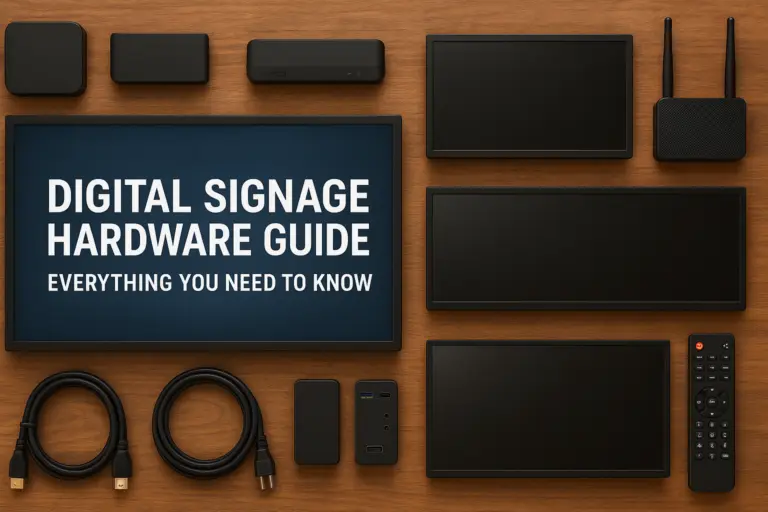 Flat lay of digital signage hardware including media players, displays, remote, and HDMI cables on wooden background