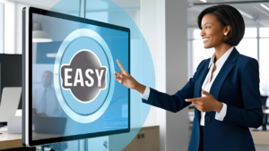 Businesswoman interacting with digital signage screen featuring a glowing EASY button, symbolizing managed signage service simplicity