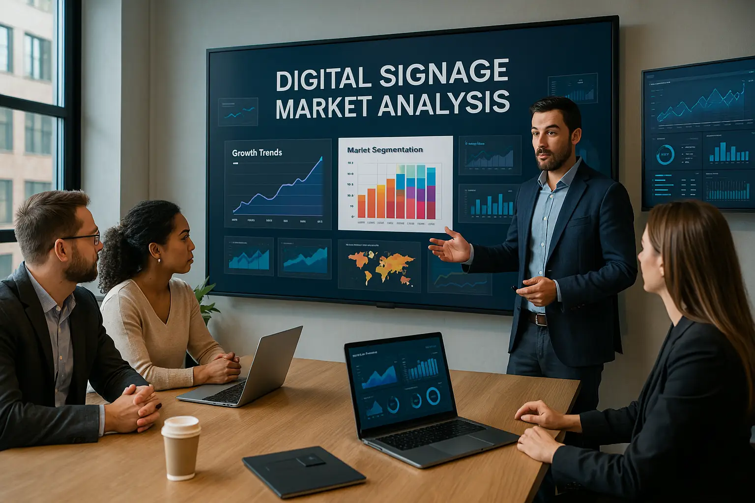 Business team discussing digital signage market analysis with charts and segmentation data on large