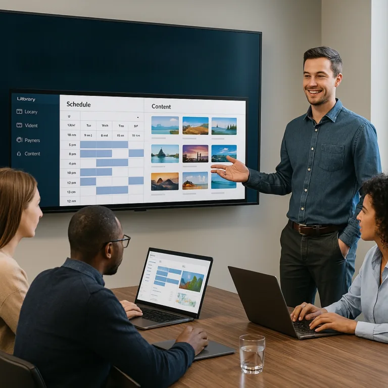 Digital signage trainer leading a workshop session with a scheduling and content interface displayed on a screen