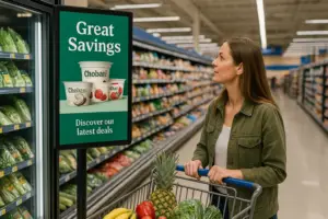Digital in-store signage displaying Chobani yogurt promotions with a shopper in a grocery store aisle