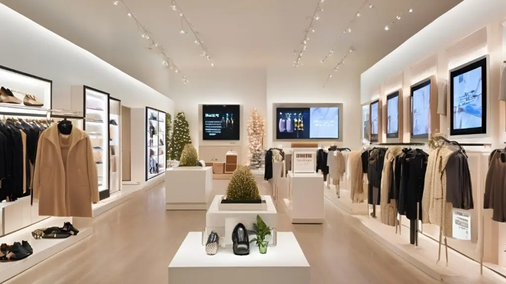 Fashion retail store interior featuring multiple retail digital signage displays for visual merchandising and promotions.