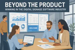 Business team discussing charts and UX design with digital signage dashboards on screen in a modern office