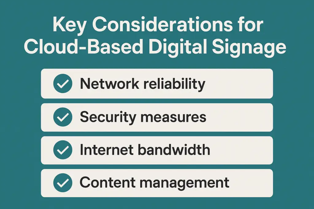 Infographic showing key factors like network reliability, security, bandwidth, and content management for cloud-based signage
