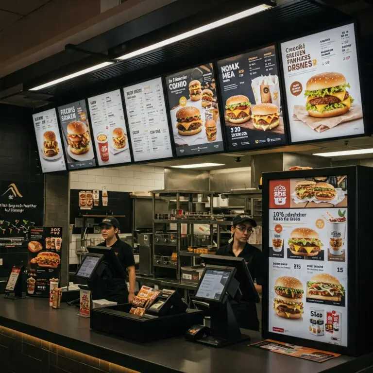 Fast food restaurant with digital menu boards and touchscreen kiosks displaying combo meals, burger options, and special offers