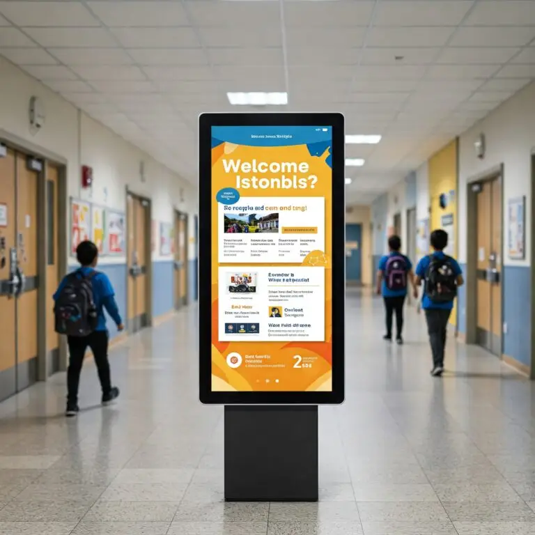 Digital signage kiosk with welcome information and wayfinding for students in a school hallway