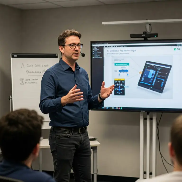 Male presenter speaking to a seated group with a large digital display screen behind him showing a software dashboard interface