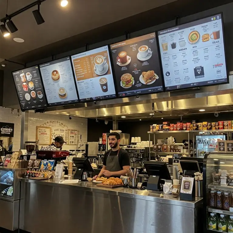 Coffee shop counter with barista and digital menu boards displaying beverages, food items, and prices in a modern cafe setting