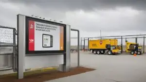 Outdoor digital signage display at industrial site entrance showing safety compliance information and instructions for workers and visitors