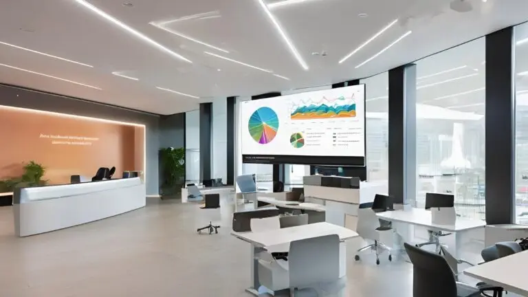 Digital signage dashboard displaying business analytics with colorful charts and data visualization in a modern office environment