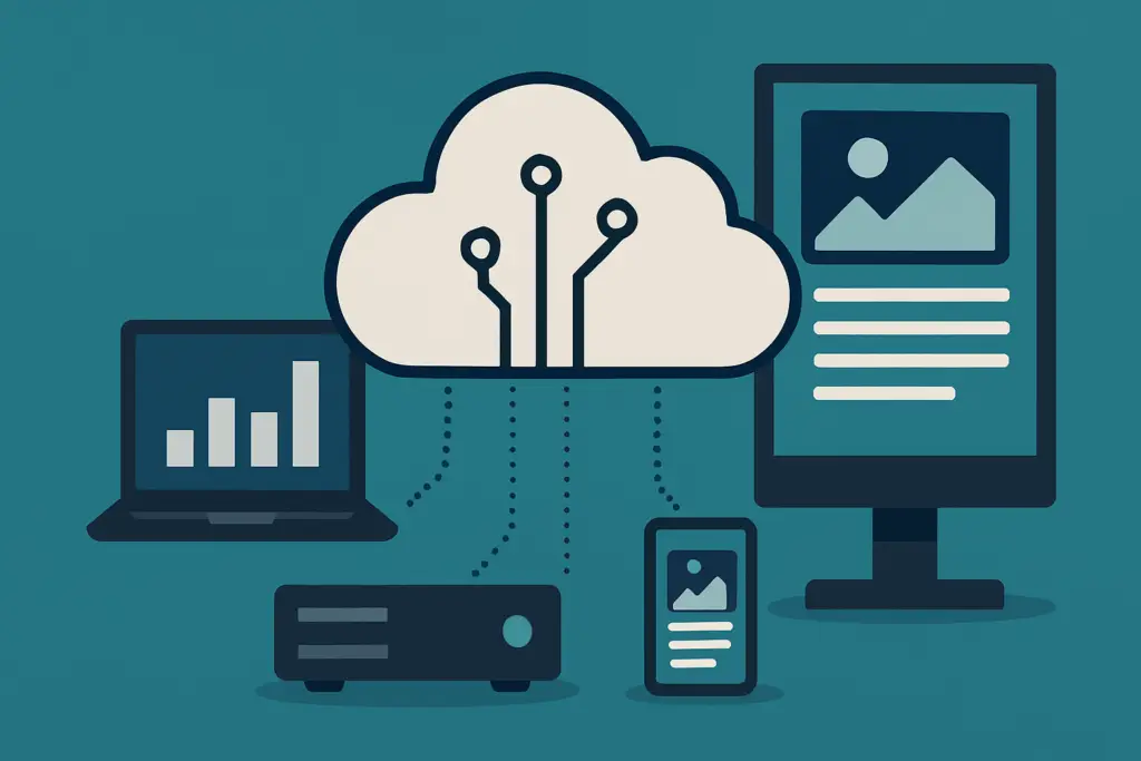 Illustration of a cloud connecting to laptop, smartphone, server, and digital signage display