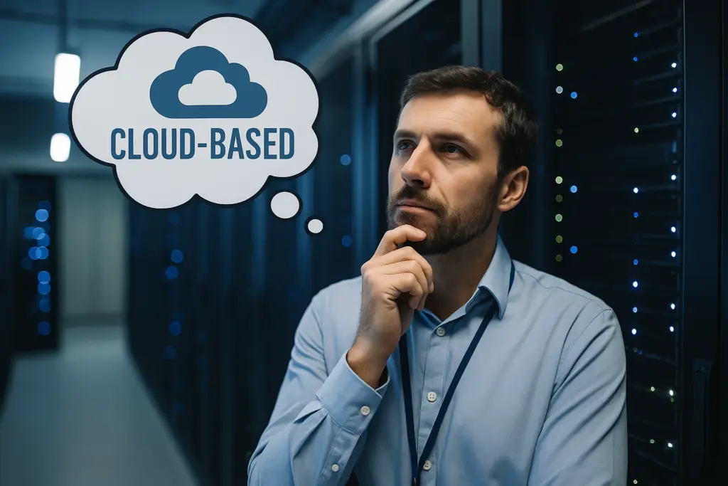IT expert in server room thinking about switching to cloud-based digital signage solutions