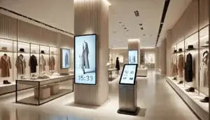 Multiple digital signage screens displaying promotions and product content in a modern retail store environment