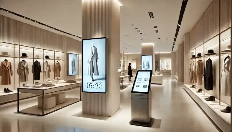 Multiple digital signage screens displaying promotions and product content in a modern retail store environment
