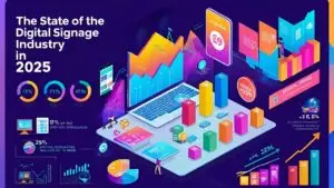 Infographic showing digital signage market growth, display adoption trends, and retail media conversion statistics in 2025