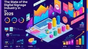Infographic showing digital signage market growth, display adoption trends, and retail media conversion statistics in 2025