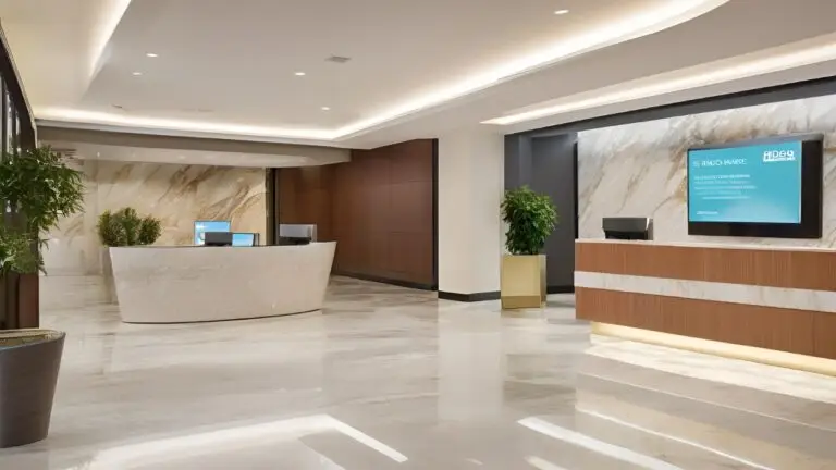 Modern corporate digital signage displaying internal news and metrics in an elegant office lobby