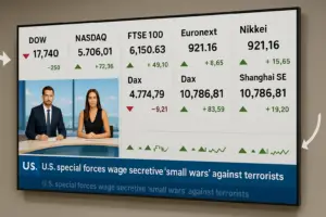 Digital signage screen displaying live financial market data, stock tickers, global index updates, and a news ticker with real-time updates.